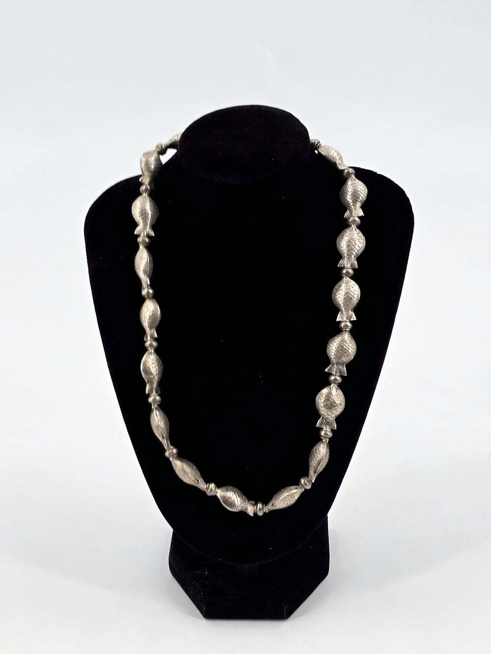 Vintage Thai Hill Tribe Silver Fish Bead Necklace Tribal Ethnic Handmade